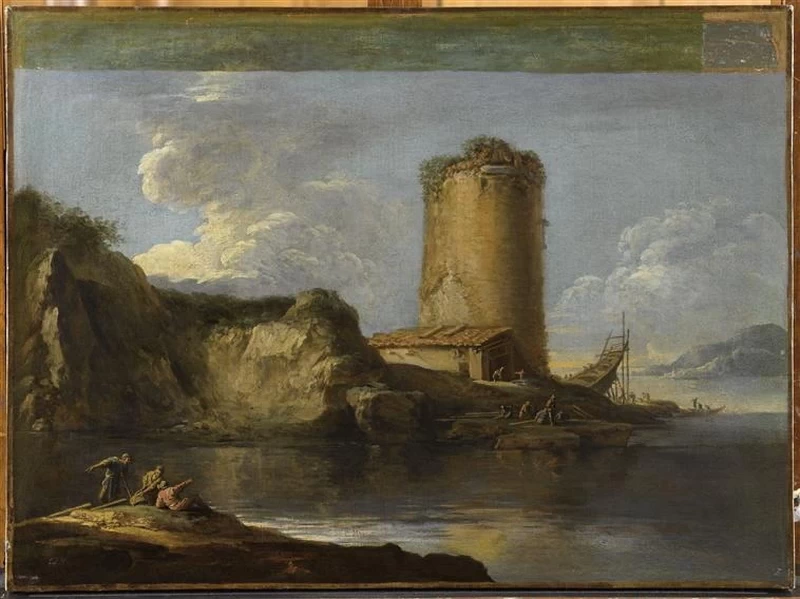 Paesaggio con torre e barca in costruzione - Musée Condé